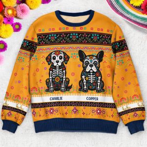 Day Of The Dead Dog Cat Hispanic Mexican Flowers - Personalized Ugly Sweater